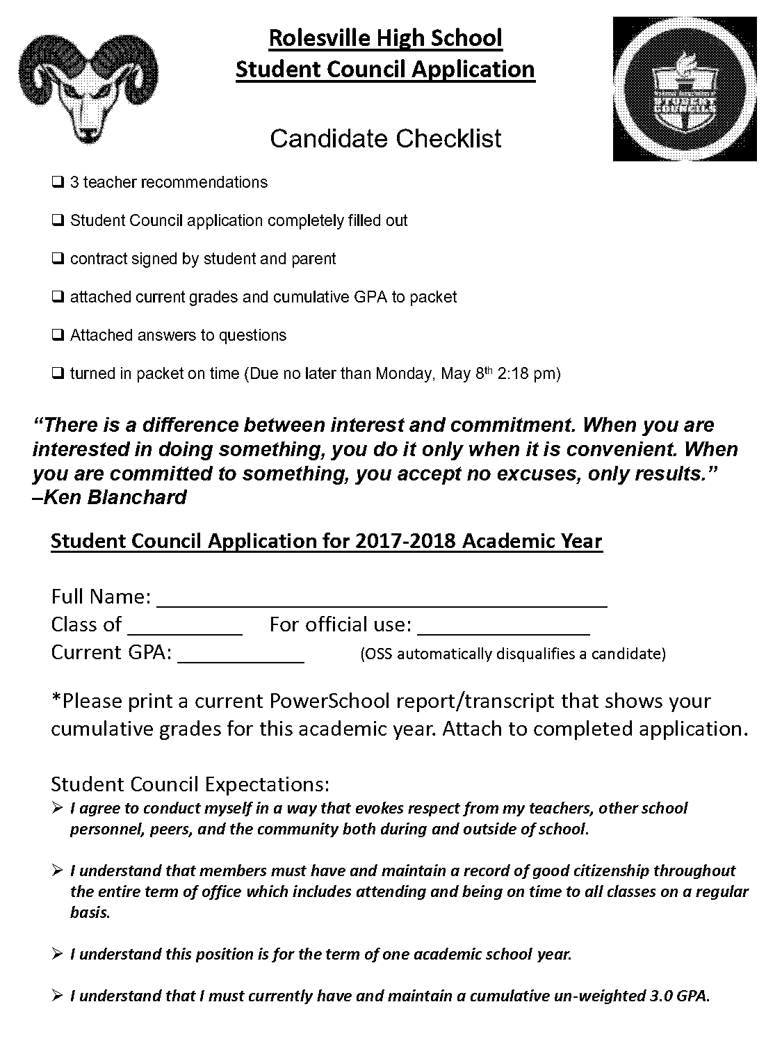 high school student council application form