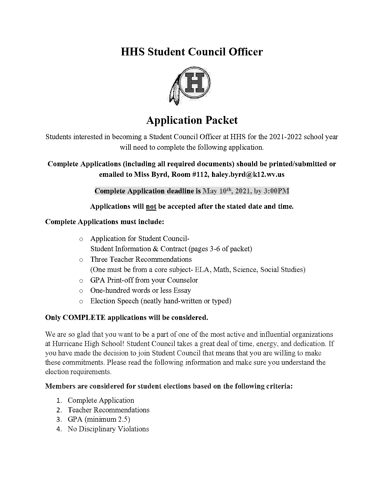 high school student council application form